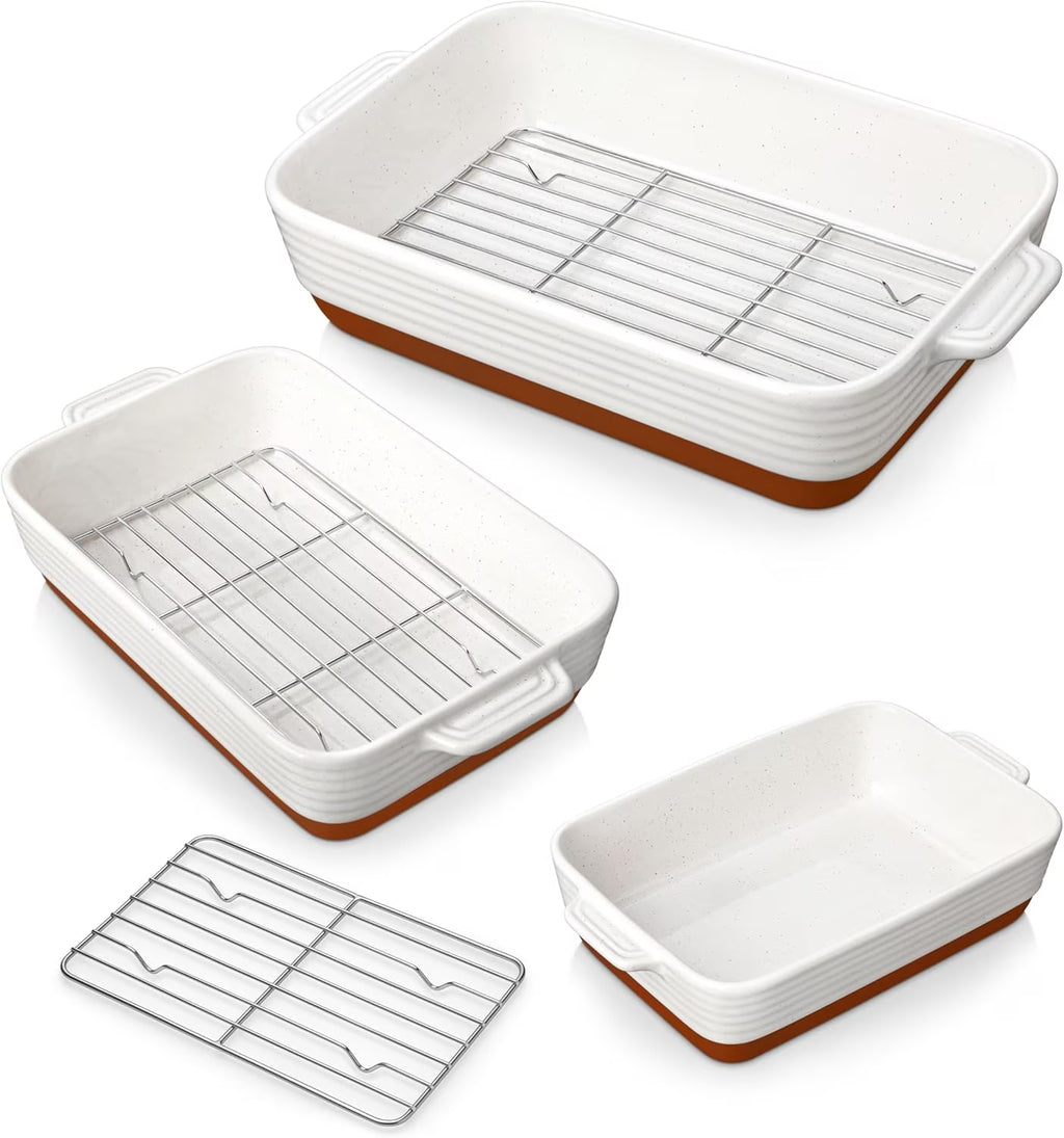 Casserole Dishes for Oven with Roasting Racks, Ceramic Baking Dishes Set of 3, Baking Pan Casserole Dish Set, Rectangular Lasagna Pan Deep with Handles for Baking, Khaki White (14.5''/13''/10.5''),