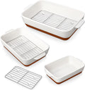 Casserole Dishes for Oven with Roasting Racks, Ceramic Baking Dishes Set of 3, Baking Pan Casserole Dish Set, Rectangular Lasagna Pan Deep with Handles for Baking, Khaki White (14.5''/13''/10.5''),