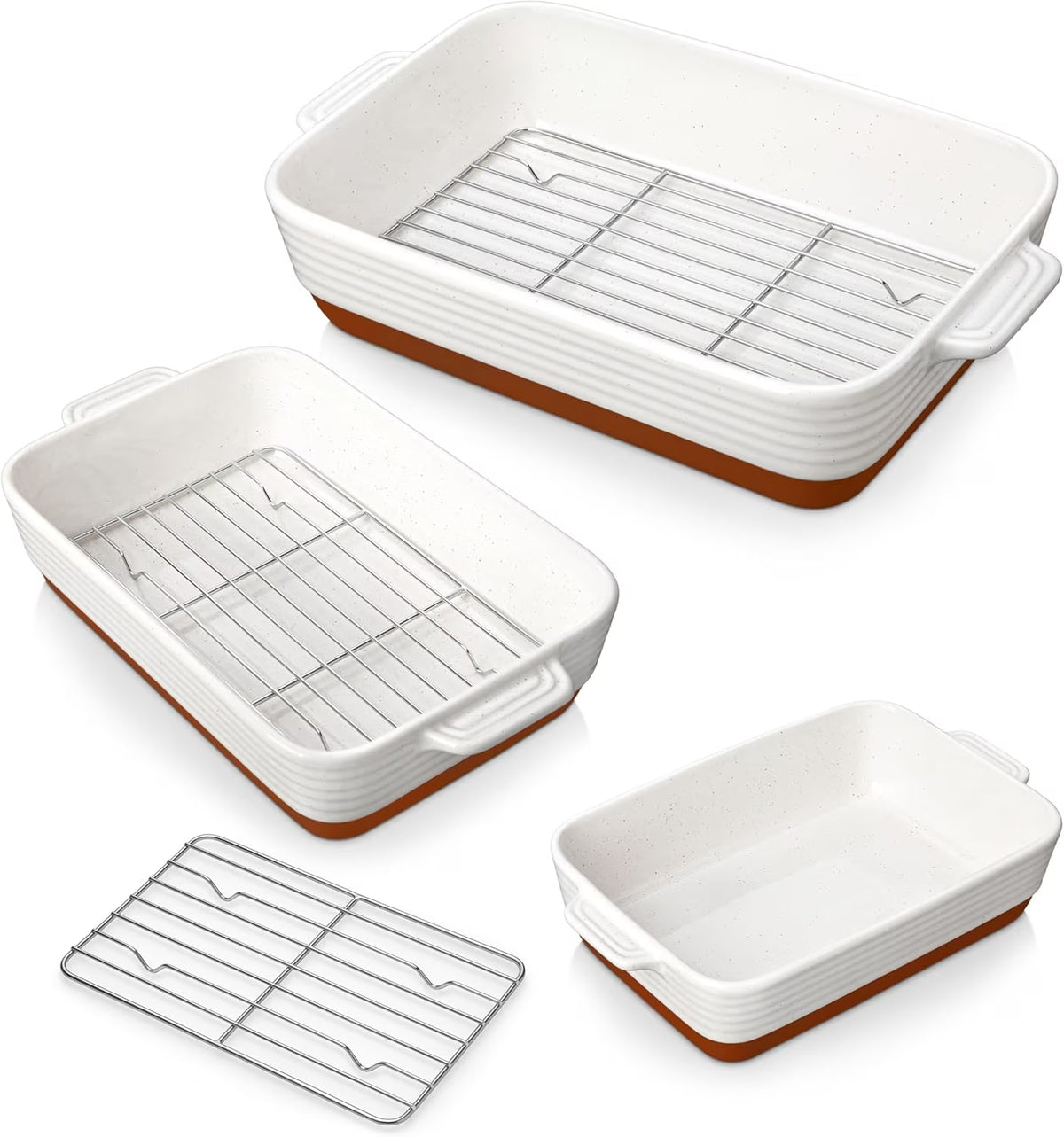 Casserole Dishes for Oven with Roasting Racks, Ceramic Baking Dishes Set of 3, Baking Pan Casserole Dish Set, Rectangular Lasagna Pan Deep with Handles for Baking, Khaki White (14.5''/13''/10.5''),