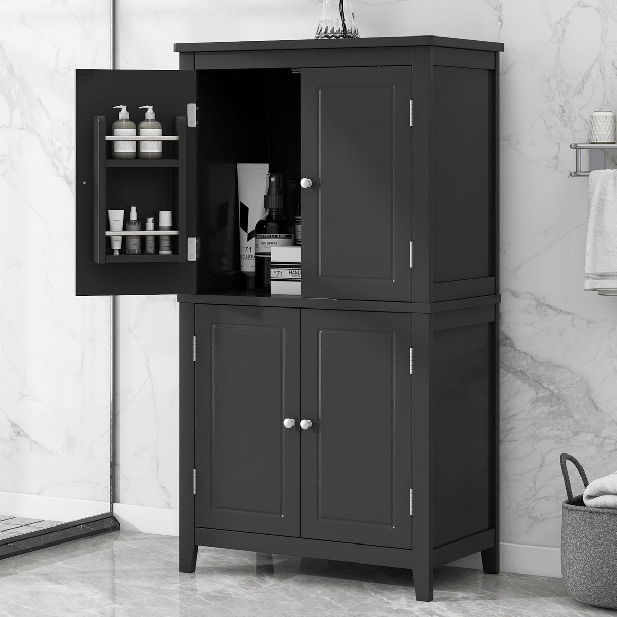 Elegant Bathroom Floor Storage Cabinet, Bathroom Storage Unit, Freestanding Cabinet with 4 Doors