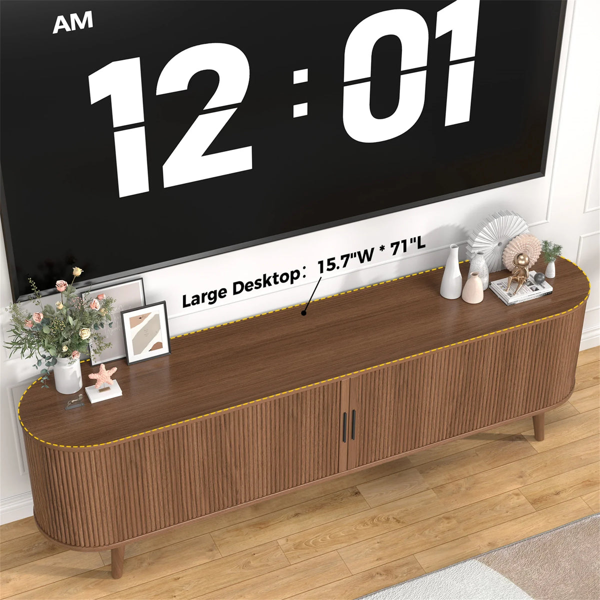 Planntonneo Mid-Century Modern Fluted TV Stand Wooden Media Console Entertainment Center for Living Room, Walnut Color