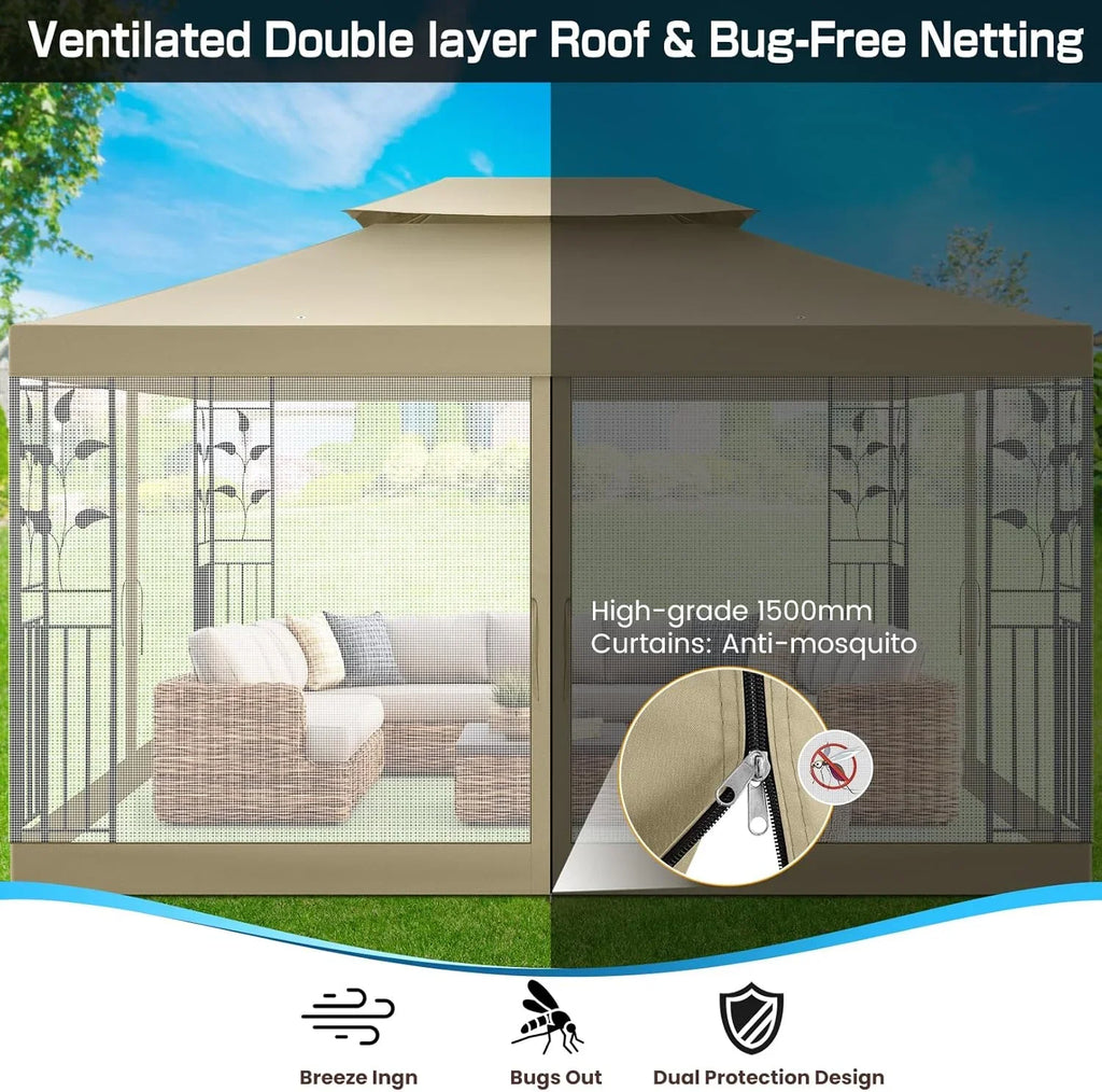 COBIZI 10' x 13' Pop Up Gazebo, Screened Patio Gazebo, Outdoor Steel Double Roof Canopy Tent, Metal Frame Canopy with Mosquito Netting, Sunshade for Garden, Lawns, Gray