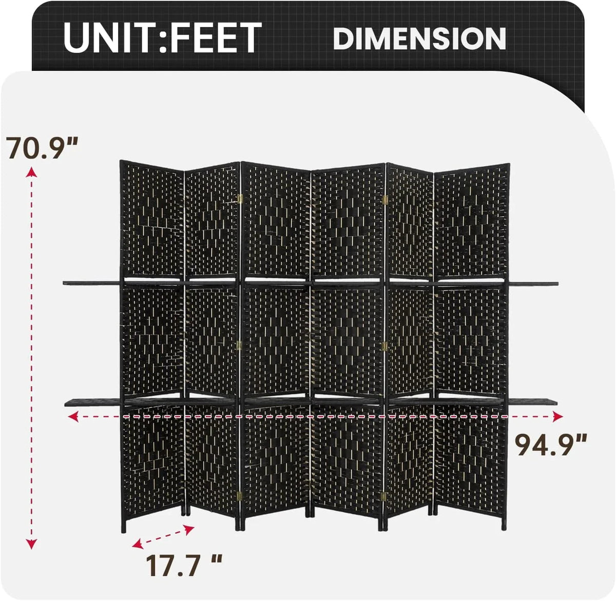 Dkelincs 6 Panel Wood Room Dividers Portable Folding Privacy Screen with Removable Storage Shelves, Brown