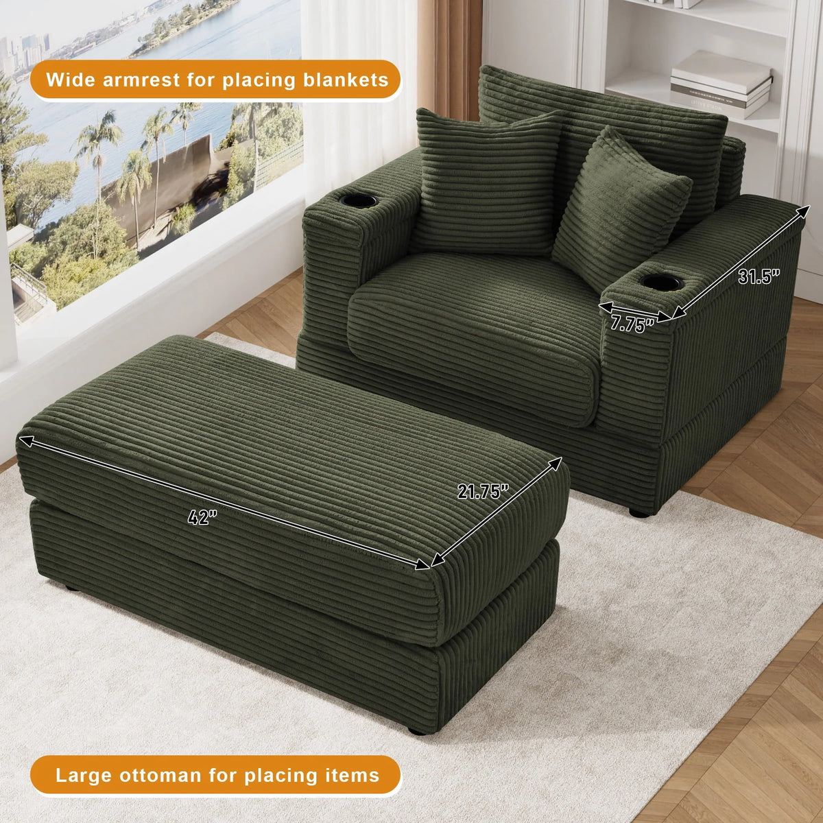 Wiilayok Oversized Lounge Chair Indoor,54" Corduroy Cloud Chaise Lounge Couch Indoor with Ottoman,Cup Holder for Living Room,Bedroom,Beige