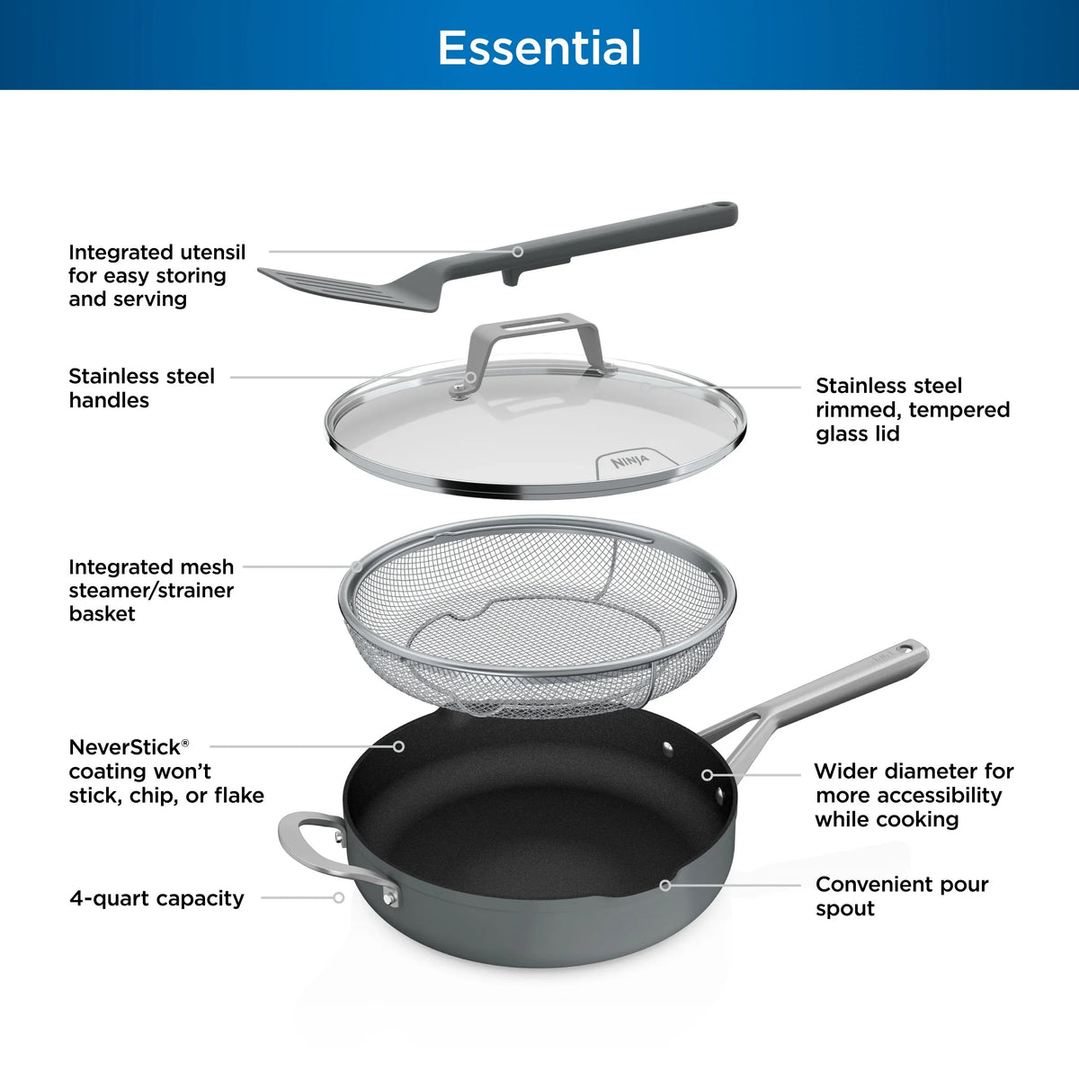 Ninja Foodi Never Stick Possible Pan, Non Stick, Fry Pan, Sea Salt Grey