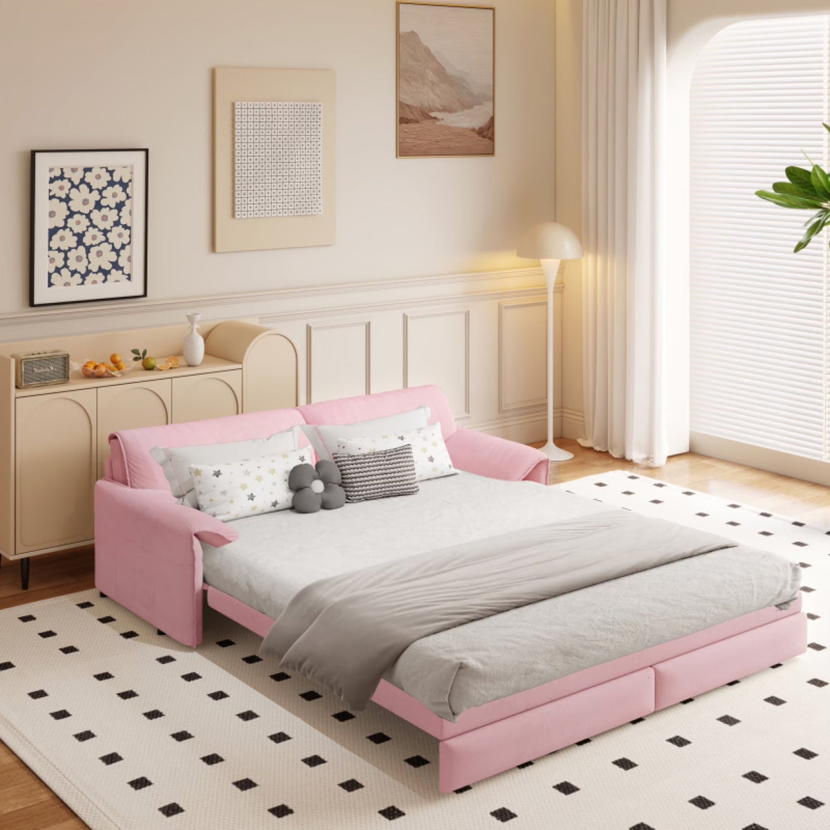 66" Queen Pull Out Sofa Bed, 3-in-1 Convertible Sleeper Sofa with Side Storage,Multi-Functional Velvet Loveseat Bed for Living Room,Bedroom