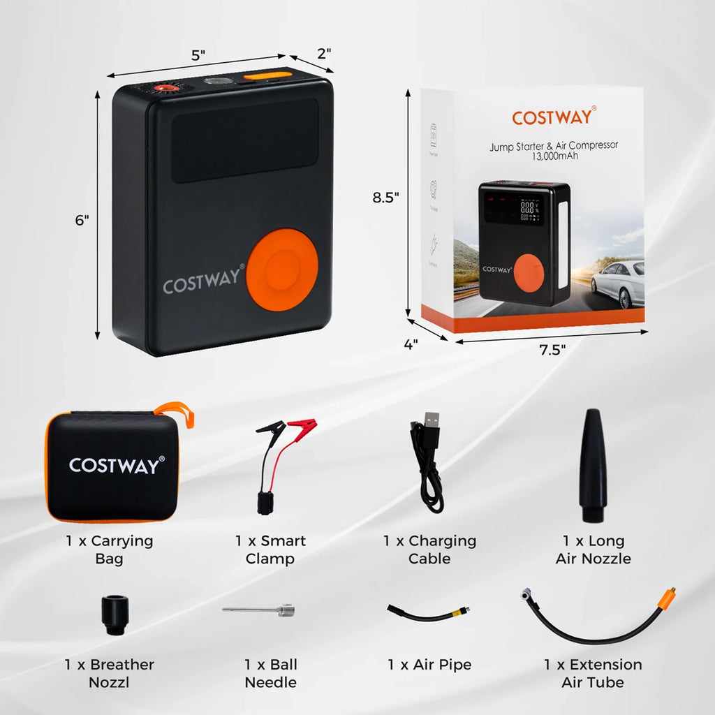 Costway Jump Starter with Air Compressor 150PSI Digital Tire Inflator LED Screen Portable