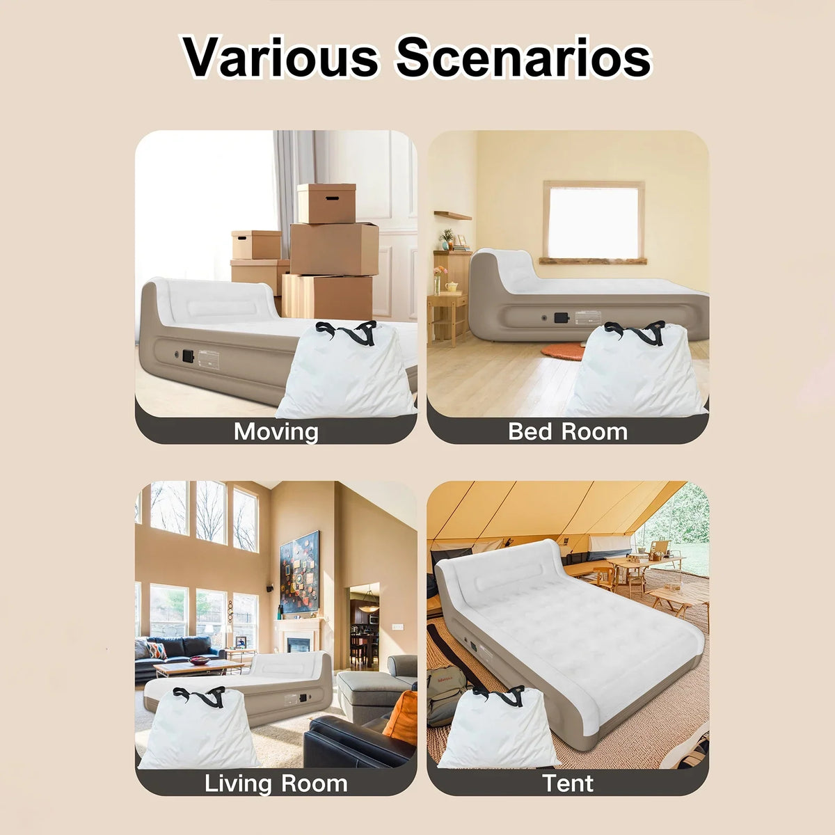 Luxury Queen Air Mattress with Headboard,18" Velvet Inflatable Mattress,Built-in USB-C Electric Pump,Premium Comfort for Home, Guests & Travel(Khaki)