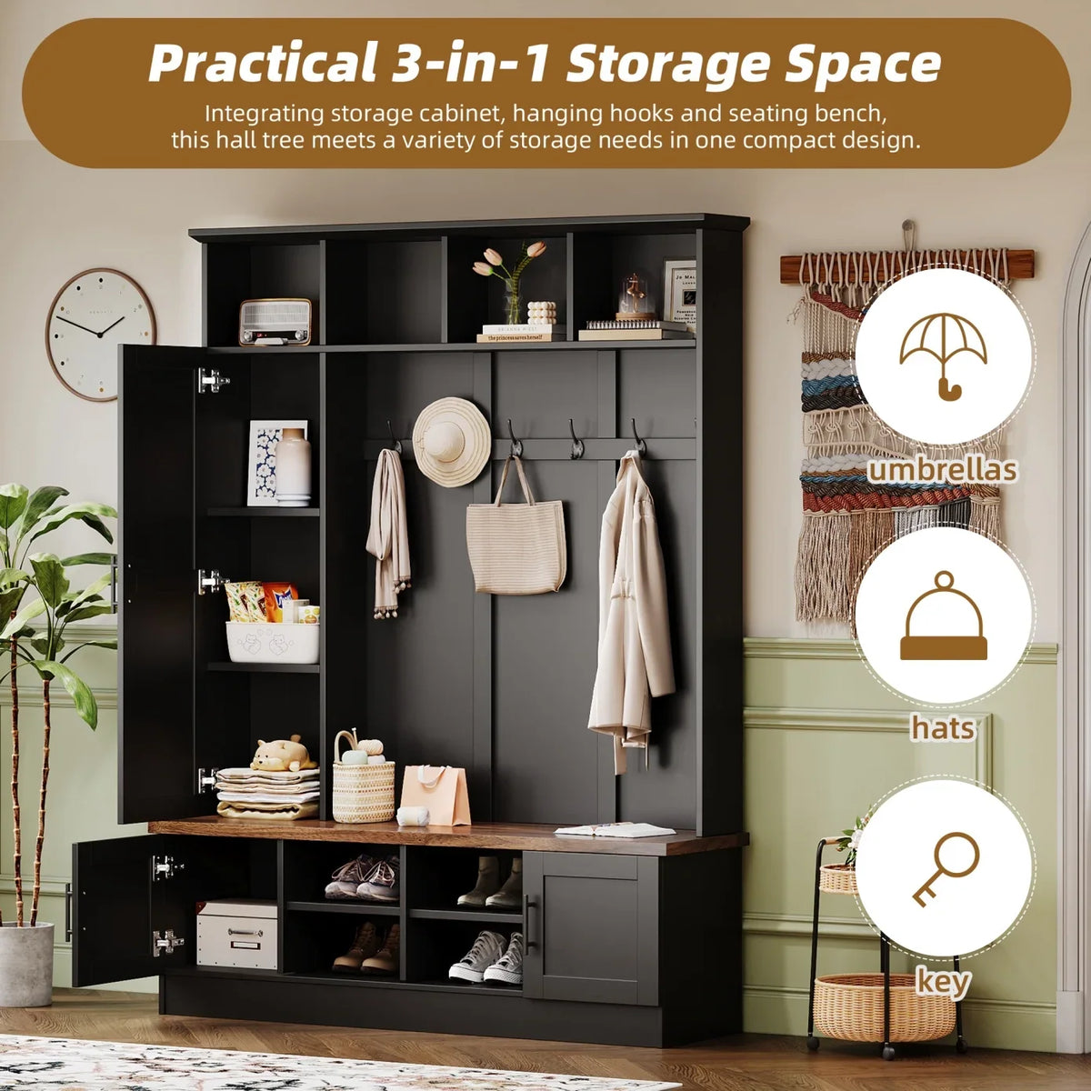 Hall Tree with Bench and Shoe Storage, 3-in-1 Hall Tree with Coat Rack, Adjustable Shoe Storage, 6 Hooks, 3 Cabinets, 4 Open Compartments, for Hallway, Entryway, Bedroom, Black