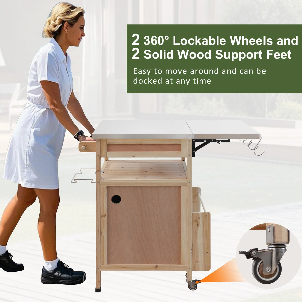 Solid Wood Outdoor Kitchen Island with Drop Leaf, Grill Table with Stainless Steel Table Top, Outdoor Bar Cart & Storage Cabinet with Lockable Wheels, Drawer, Spice Rack, Blue Grey