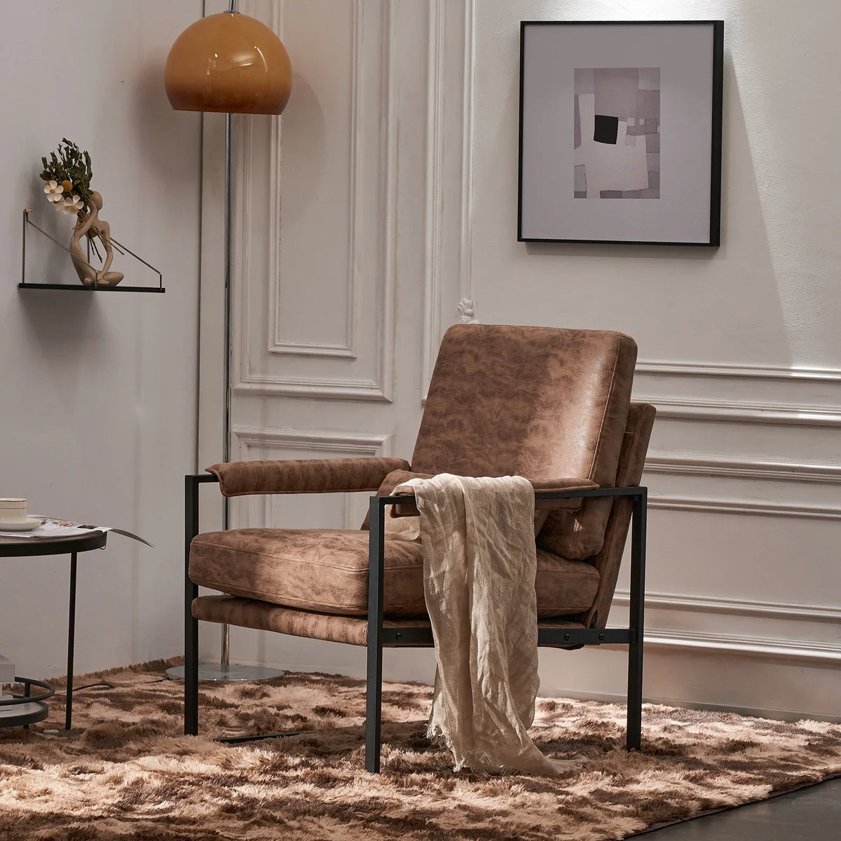 Ktaxon Accent Chair Lounge Armchair Modern Linen Fabric Upholstered Single Sofa with Black Coated Metal Frame Creamy White and Brown