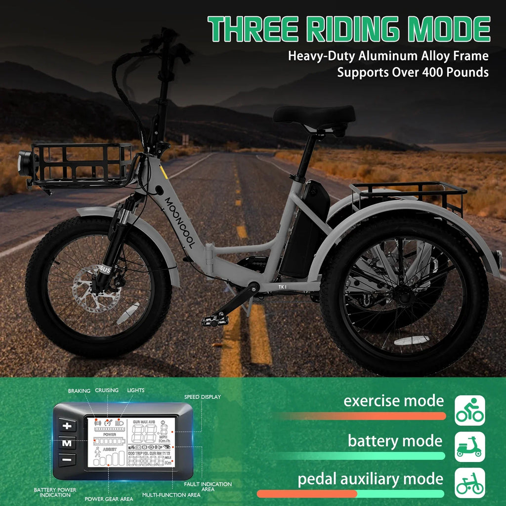 MOONCOOL TK1 Folding Electric Tricycle for Adults,48V 14.5Ah Removable battery, 500W"Peak 1000w"Motor, 20" Fat Tire Step-Thru 3Wheel Electric Bicycle w/Front&Rear Baskets, Certified to UL 2849 by SGS