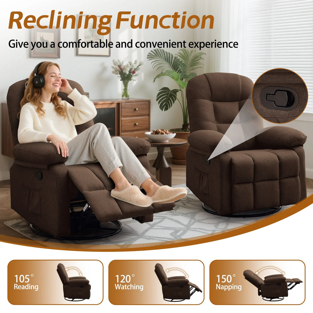 Korser Manual Swivel Rocker Recliner Chair for Living Room,Small Recliner Sofa for Small Spaces,Linen Fabric,Dark Black