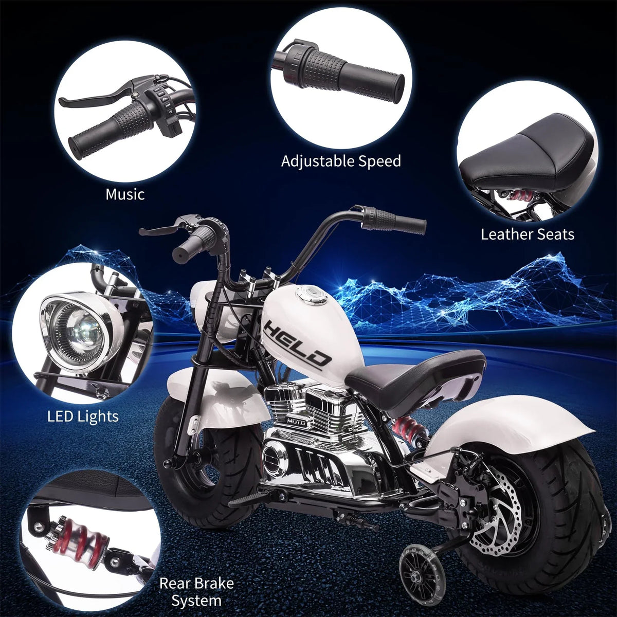 Towallmark 36V Kids Electric Dirt Bike, 350W Off-Road Motorcycle, Max 16.5 Mph, Ride On Electric Motorcycle with Removable Training Wheels, Spring Suspension, Leather Seat, Led Light,Music