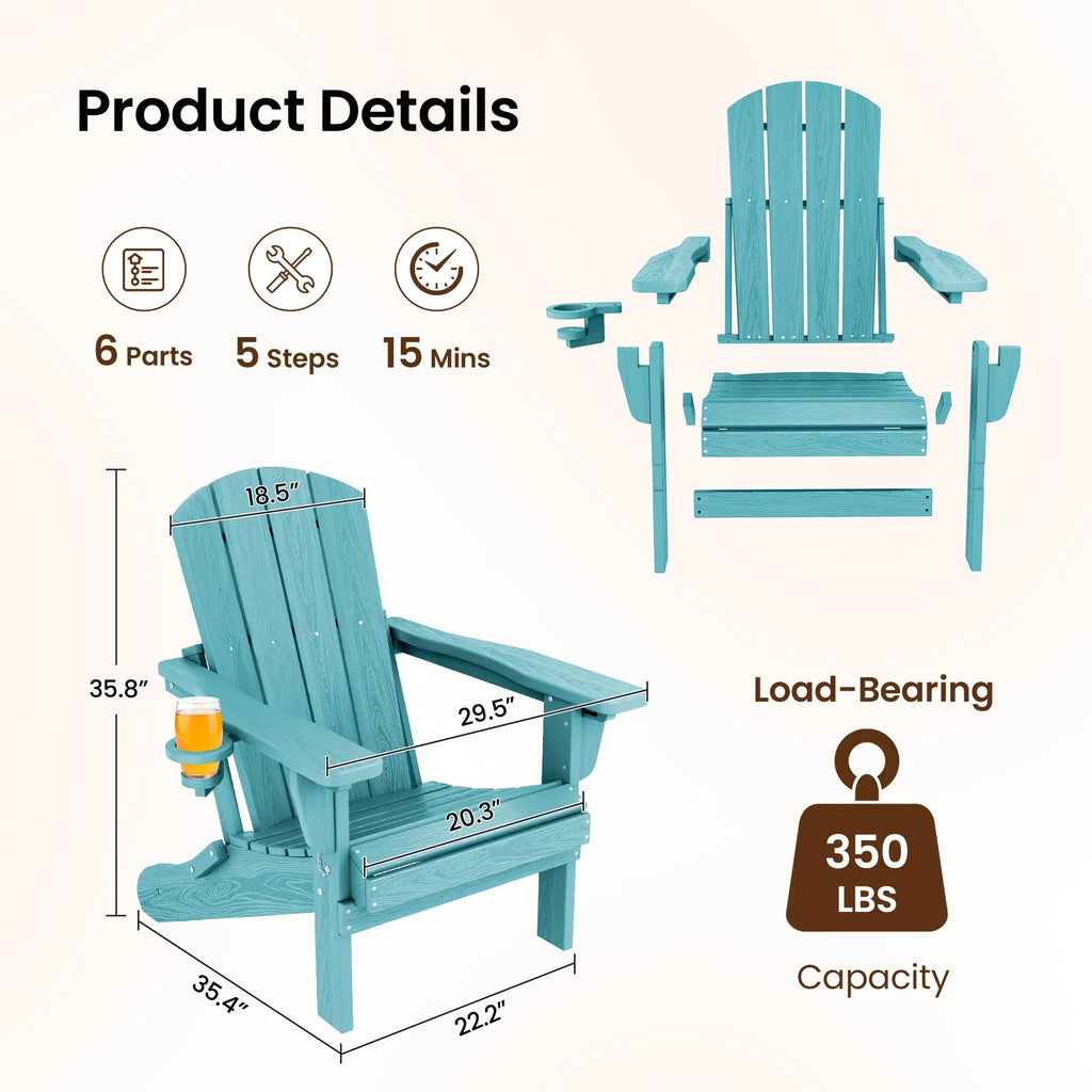SERWALL Outdoor Adjustable Folding HDPE Adirondack Chairs Set of 2 with Cup Holder, Gray