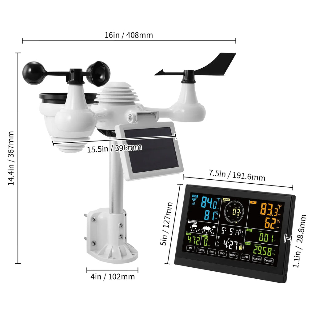 KFFKFF 7-in-1 Wi-Fi Weather Station 7.5-Inch Color Display Wireless Outdoor Sensor