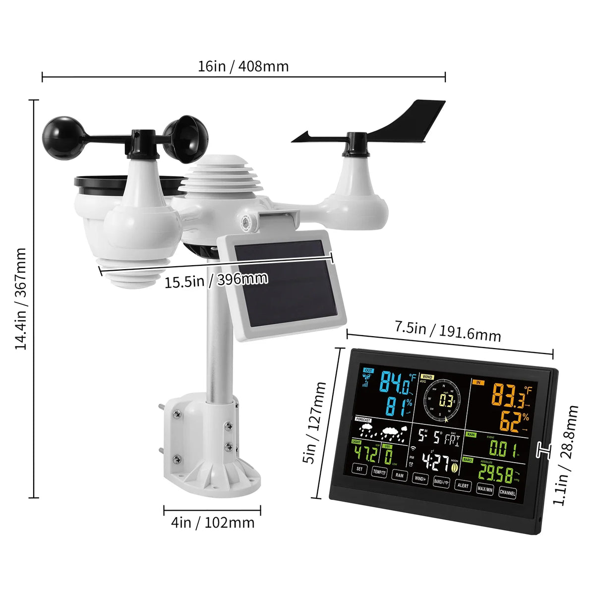KFFKFF 7-in-1 Wi-Fi Weather Station 7.5-Inch Color Display Wireless Outdoor Sensor