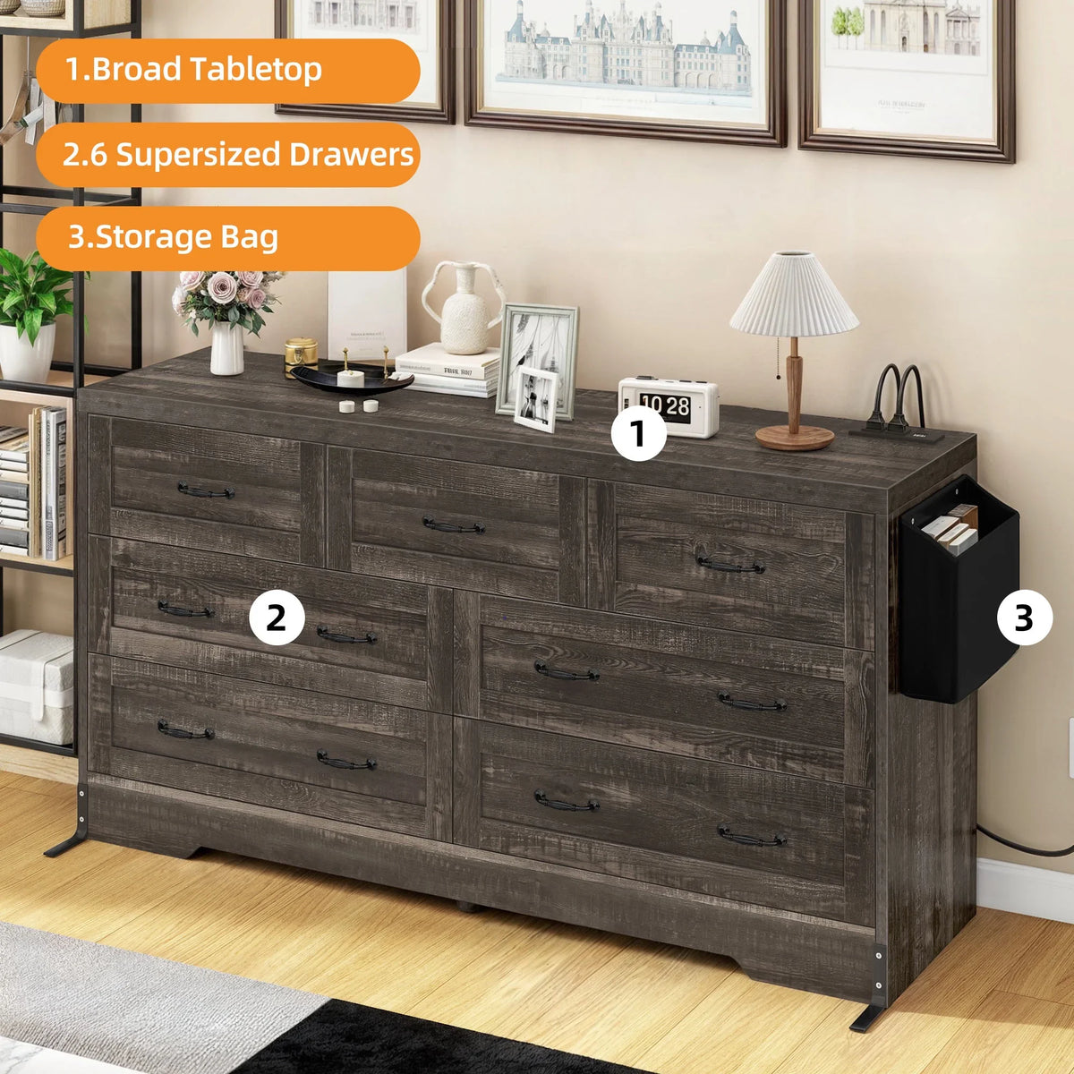Craftian 7-Drawer Double Dresser Storage Cabinet with Power Outlets, Wood Chest of Drawers, Gray