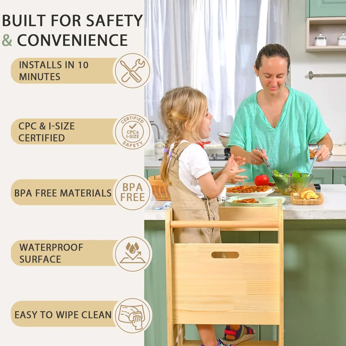 Toddler Standing Tower, Kids Kitchen Stool Helper 3 Levels Adjustable Height Wooden Toddler Step Stools for Learning New Skills