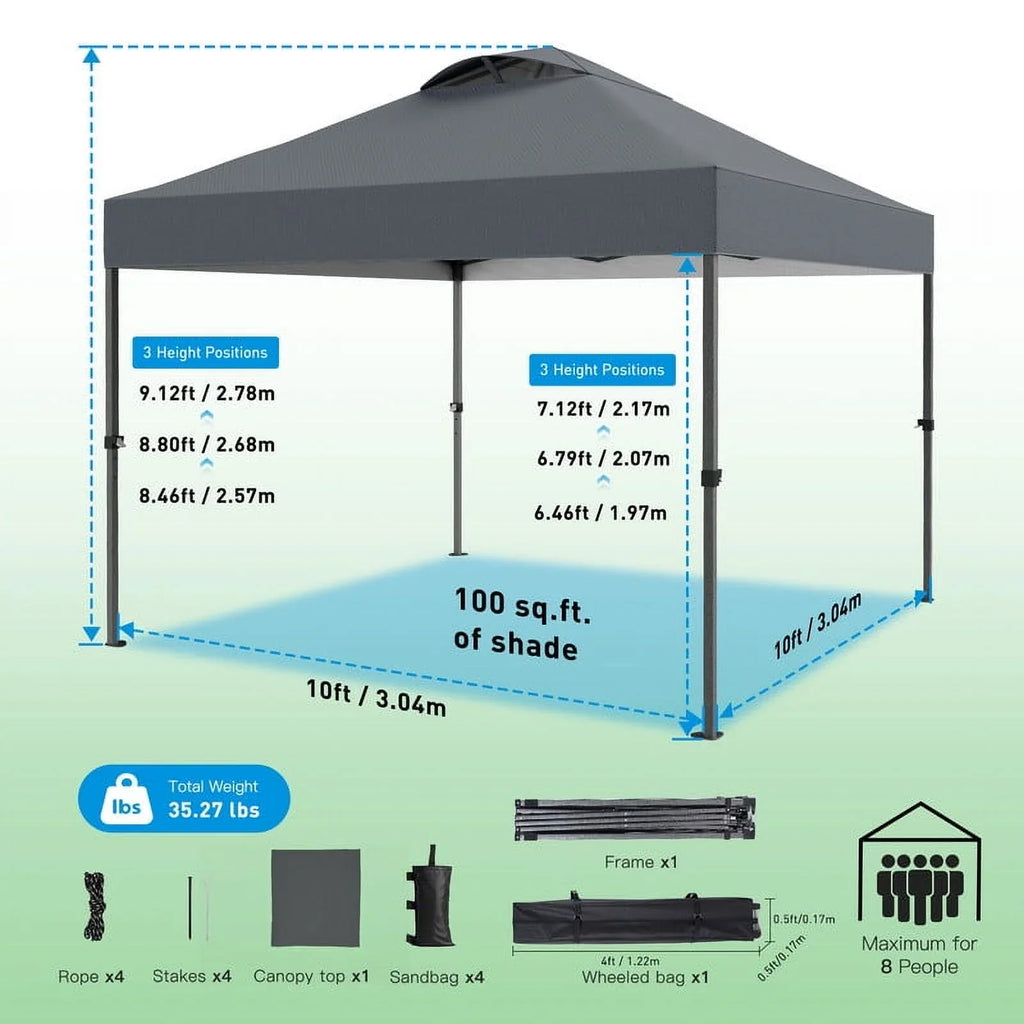 CHITOOMA 10 x 10ft Pop up Canopy Tent, Instant Outdoor Shelter Easy Portable Straight Leg Canopy Tent with Pockets Sidewall, White