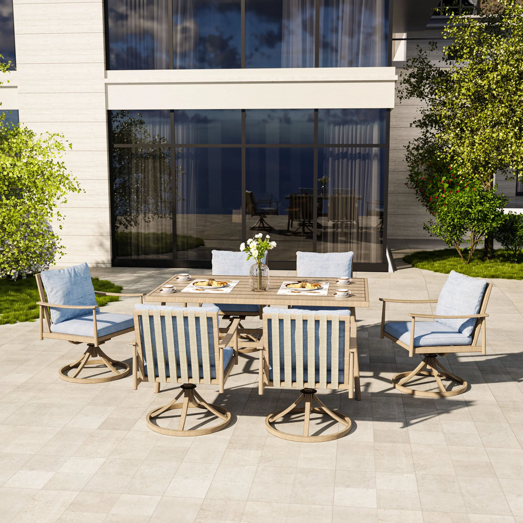 HAPPATIO 7-Piece Outdoor Dining Set for 6, Aluminum Patio Dining Set Includes 6 Dining Chairs and 1 Large Rectangular Table with Umbrella Hole, Patio Furniture Set for Lawn, Porch, Backyard, Grey