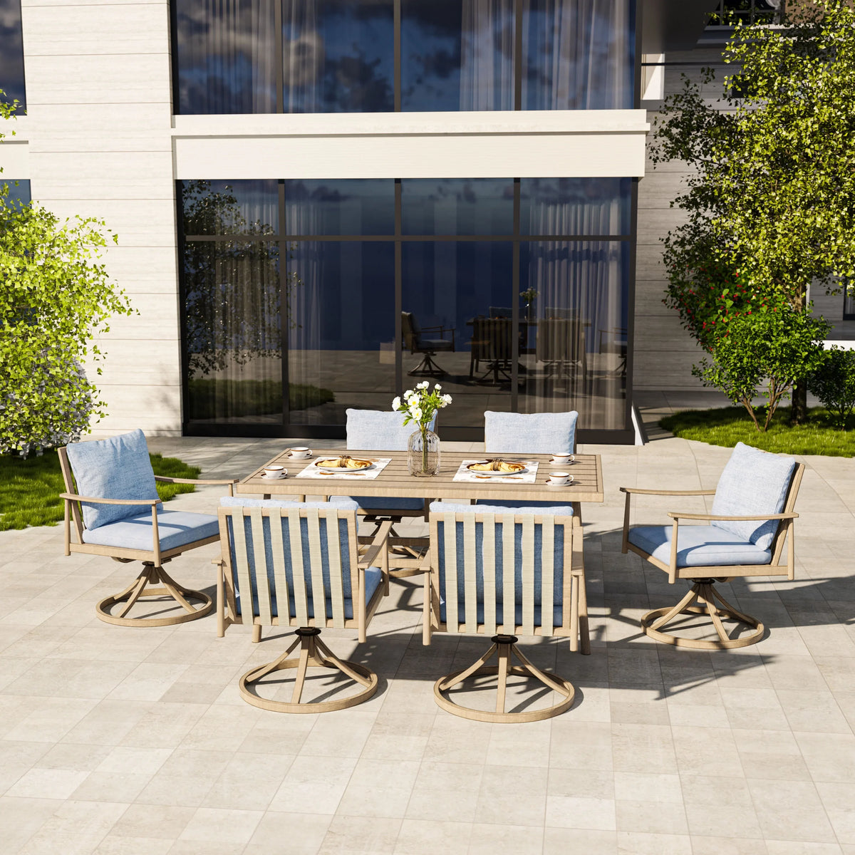 HAPPATIO 7-Piece Outdoor Dining Set for 6, Aluminum Patio Dining Set Includes 6 Dining Chairs and 1 Large Rectangular Table with Umbrella Hole, Patio Furniture Set for Lawn, Porch, Backyard, Grey