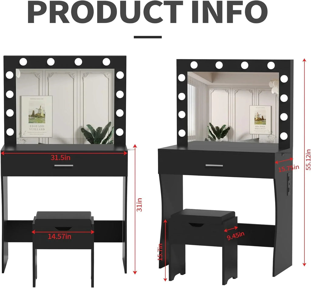 Vanity Table Set with Lighted Mirror,Makeup Vanity with Lights, Large Drawer Sturdy Wood Vanity, White