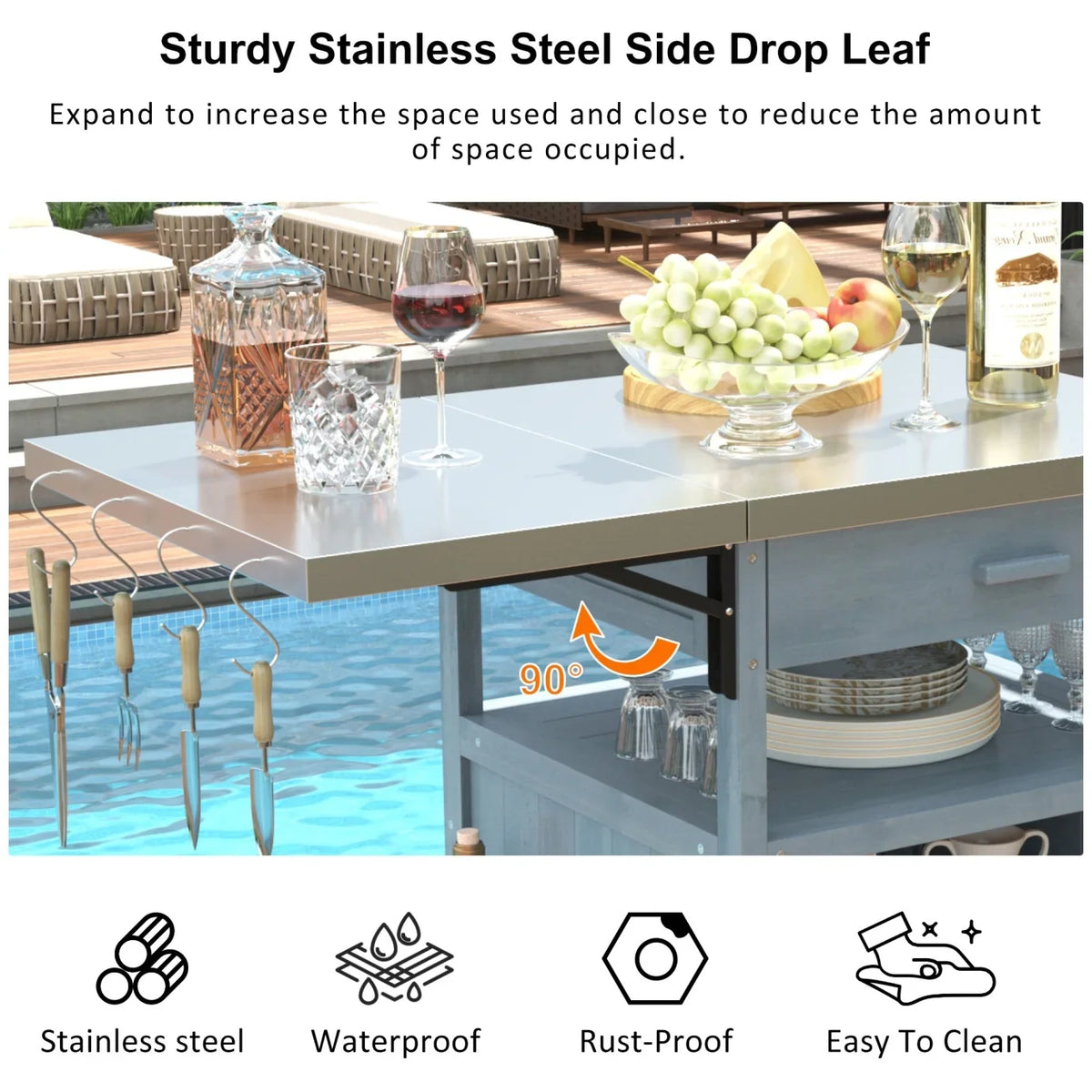 Solid Wood Outdoor Kitchen Island with Drop Leaf, Grill Table with Stainless Steel Table Top, Outdoor Bar Cart & Storage Cabinet with Lockable Wheels, Drawer, Spice Rack, Blue Grey