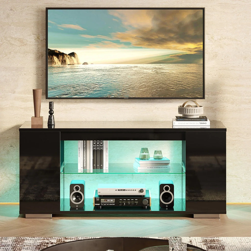 Pinmoco 47'' TV Stand for TVs up to 55", Gaming Entertainment Center with LED Lights, Black