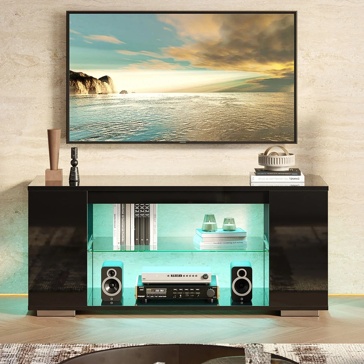 Pinmoco 47'' TV Stand for TVs up to 55", Gaming Entertainment Center with LED Lights, Black