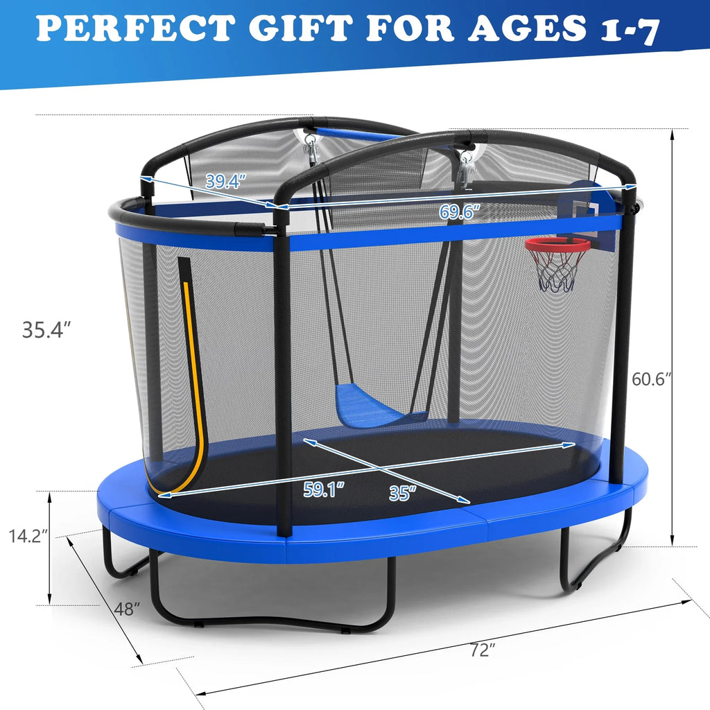 Seizeen 6FT Trampoline for Kids, 3-IN-1 Rectangular Outdoor/Indoor Trampoline with Enclosure, Basketball Hoop, Swing