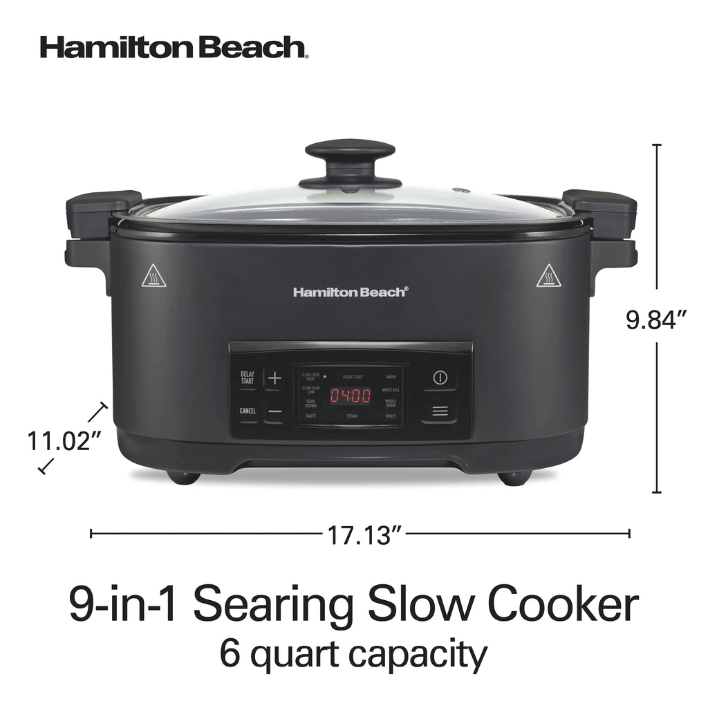 Hamilton Beach 9-in-1 Multi Cooker, 6 Qt Searing Slow Cooker, Nonstick Aluminum Crock with Removable Pot, Black