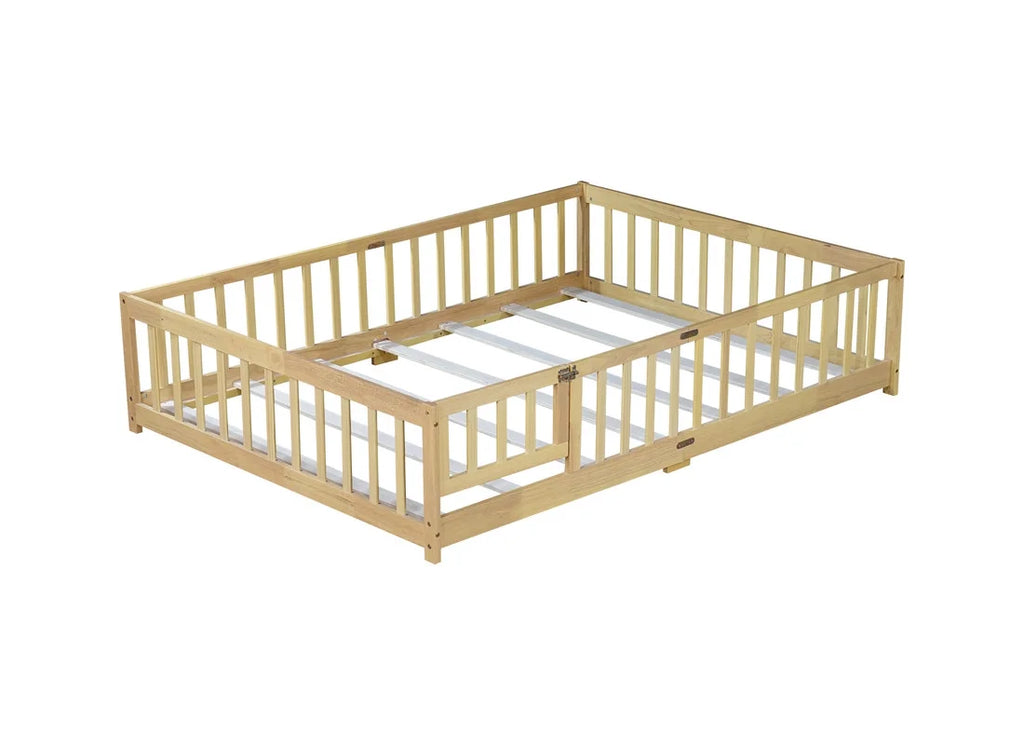 Bellemave Twin Size Floor Beds, Wood Montessori Bed with Fence Railings & Support Slats, No Box Spring Needed (Gray"