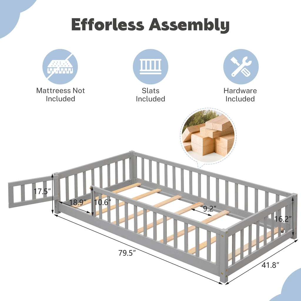 PAPROOS Twin Size Floor Bed, Solid Wood Toddler Bed with Slat, Fence Guardrail and Door, No Box Spring Needed, Montessori Bed, Twin Bed for Kids, Boys, Girls, Gray