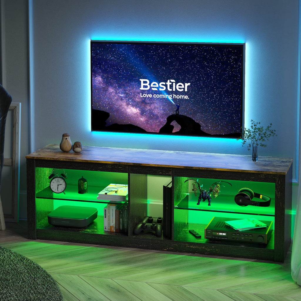 Bestier Entertainment Center with LED Lights TV Stand Media Console Table for TVs up to 60" in Light Grey