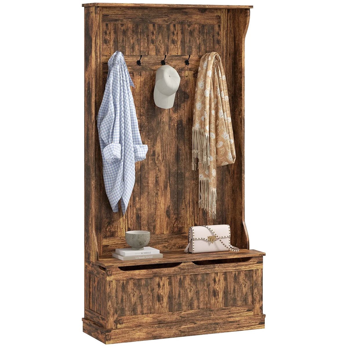 HOMCOM 3-In-1 Hall Tree Storage Bench and Coat Rack with 5 Steel Double Hooks, and Anti-Topple Anchor for Entryway, Cream White