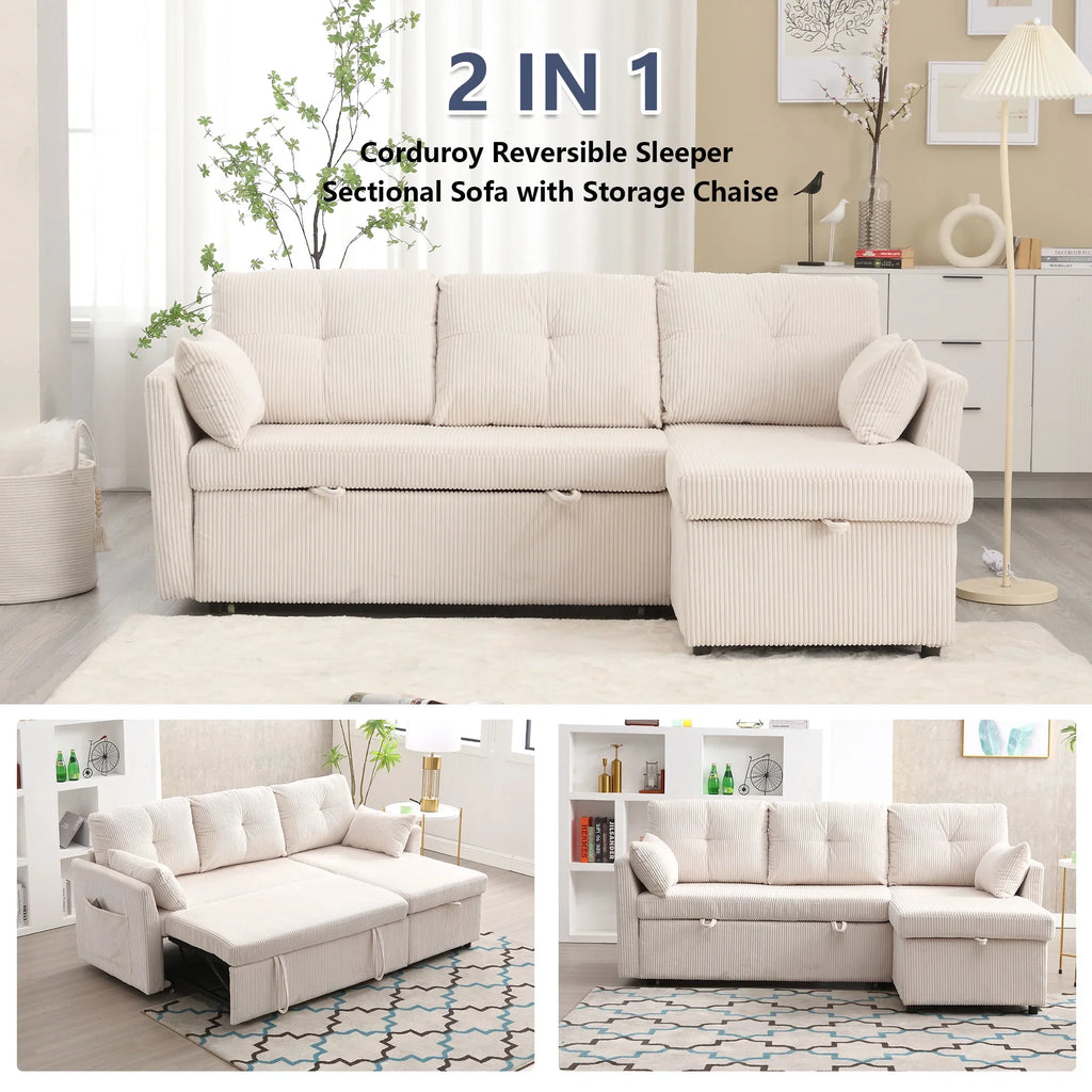 Villeston L-Shaped 3-Seat Sofa with Pull-Out Bed, with Storage Chaise Couch for Living Room, Chenille Fabric,Olive