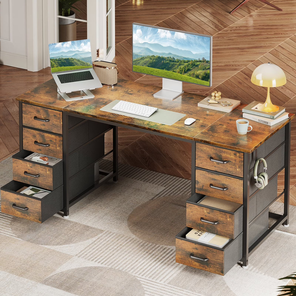 White Computer Desk with Drawers for Storage - 48 inch Home Office Desk with 8 Fabric Drawers, Writing Study Desk with Drawers on Both Sides for Bedroom