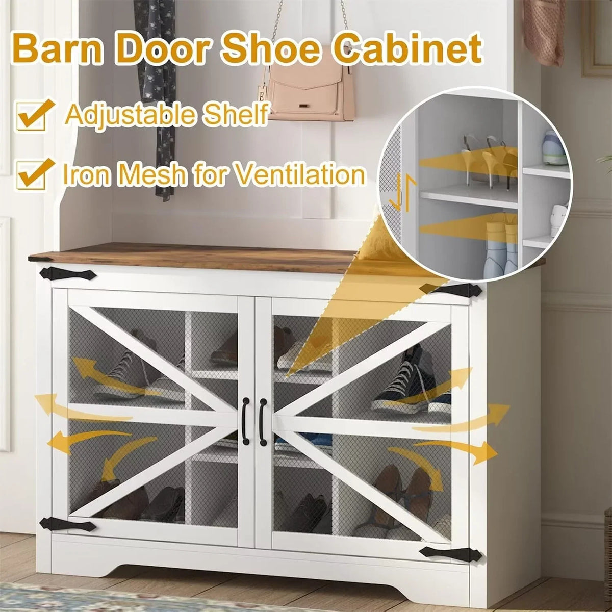 GOGRANT Farmhouse Entryway Bench with Coat Rack, 7 Shoe Cubbies & 7 Coat Hooks Hall Tree with Shoe Storage Bench, Top Sorage, 4-in-1 Mudroom Storage Cabinet, white