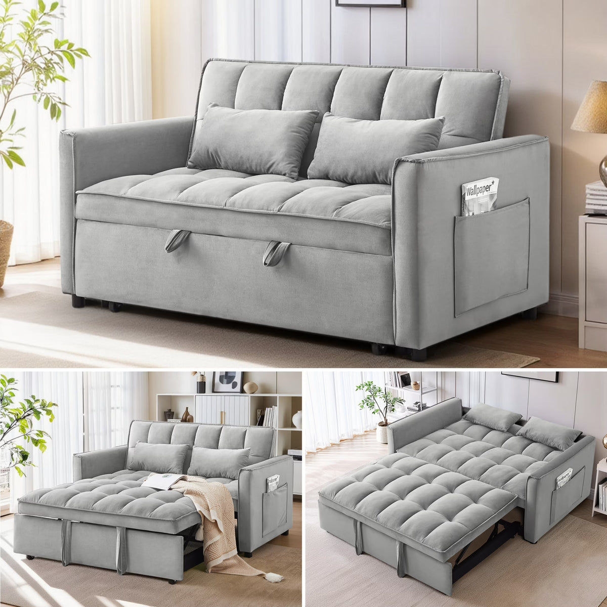 EPOWP Convertible Sofa Bed, 3 in 1 Pull Out Sleeper Loveseat Couch with Storage, Black