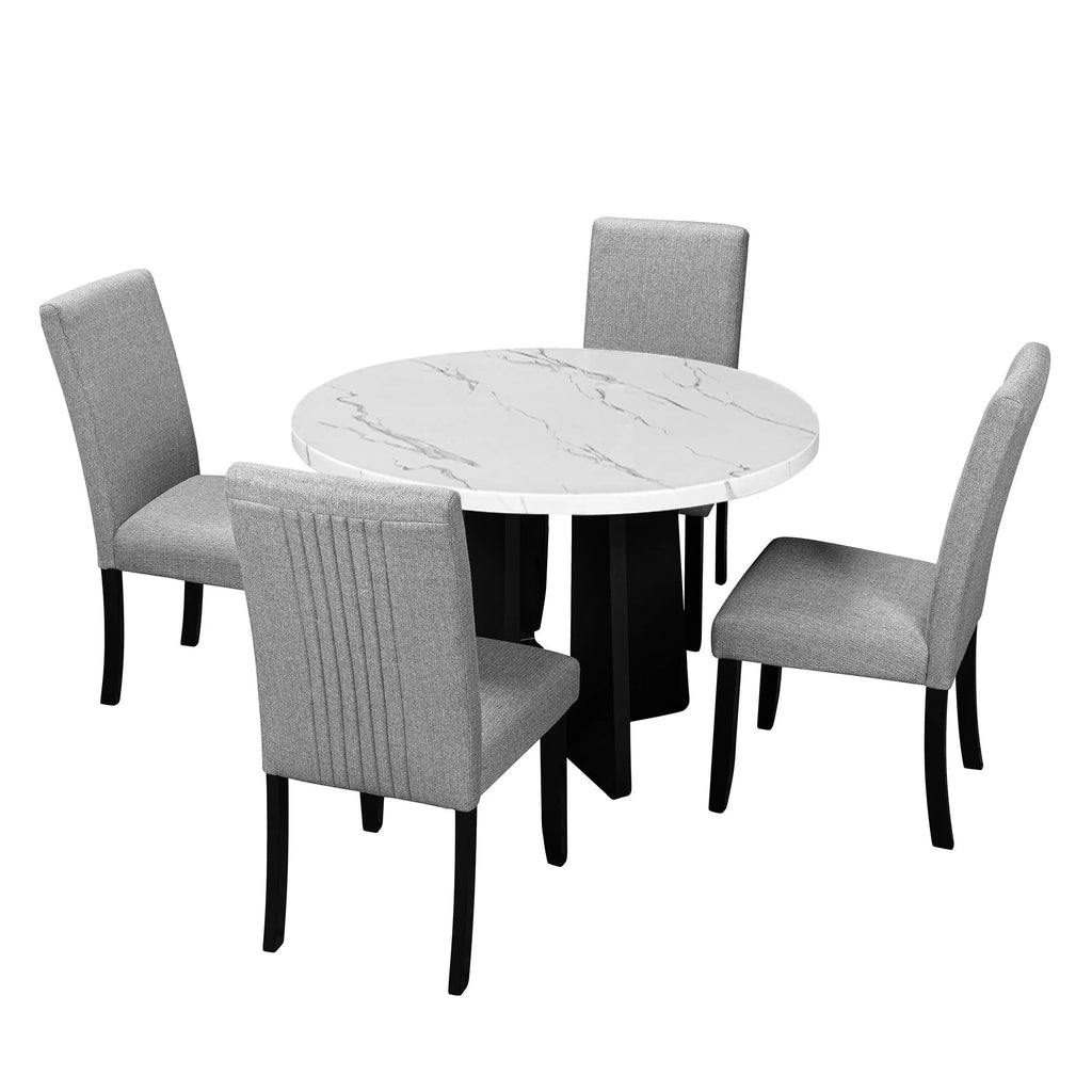 EUROCO 5-Piece Round Dining Table Set for 4, 43.3'' Kitchen Room Table with 4 Upholstered Chairs and Solid Wood Frame,Kitchen Table Set for Home Living Dining Room, Grey & Black