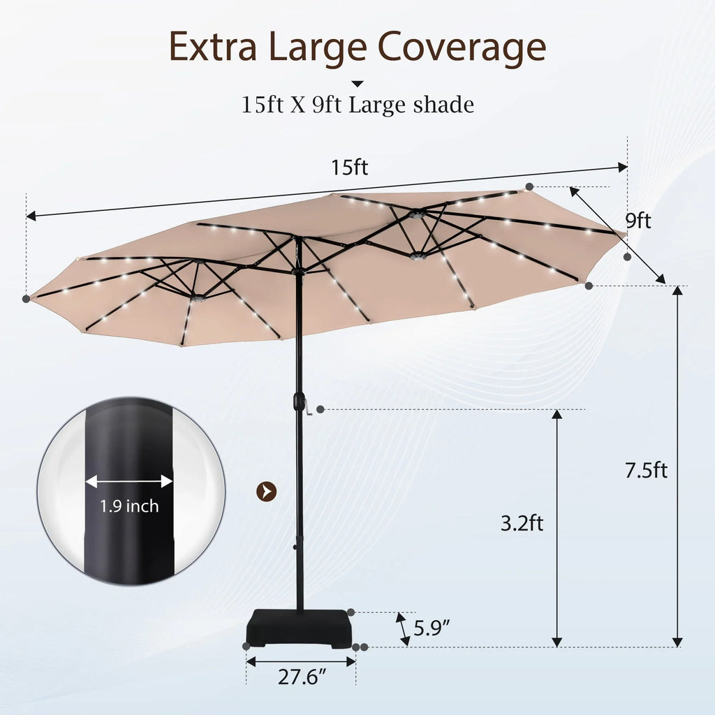 Alpha Joy 15ft Extra Large Outdoor Patio Double-Sided Umbrella with LED Solar Lights & Umbrella Base, Beige