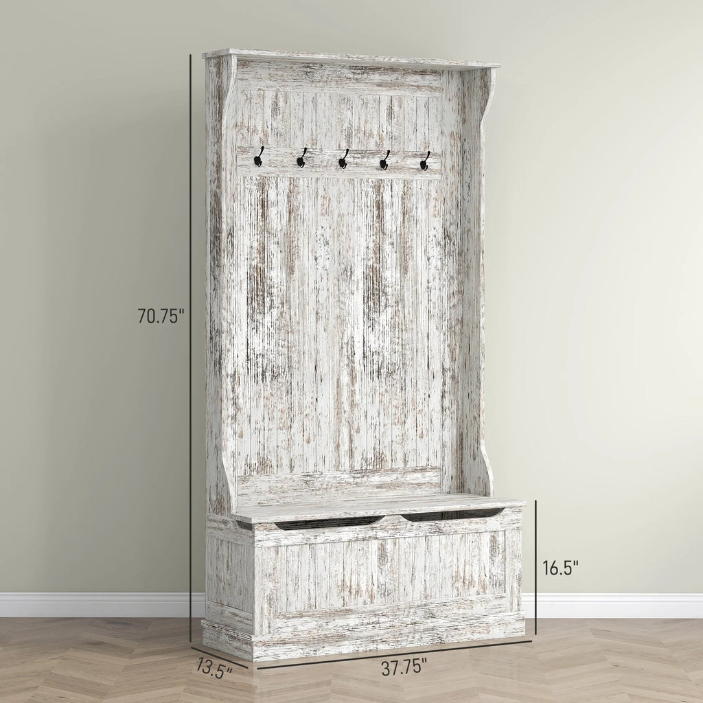 HOMCOM 3-In-1 Hall Tree Storage Bench and Coat Rack with 5 Steel Double Hooks, and Anti-Topple Anchor for Entryway, Cream White
