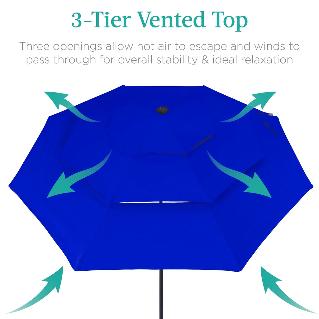 Best Choice Products 10ft 3-Tier Solar Patio Umbrella w/ 24 LED Lights, Tilt Adjustment, Easy Crank - Tan