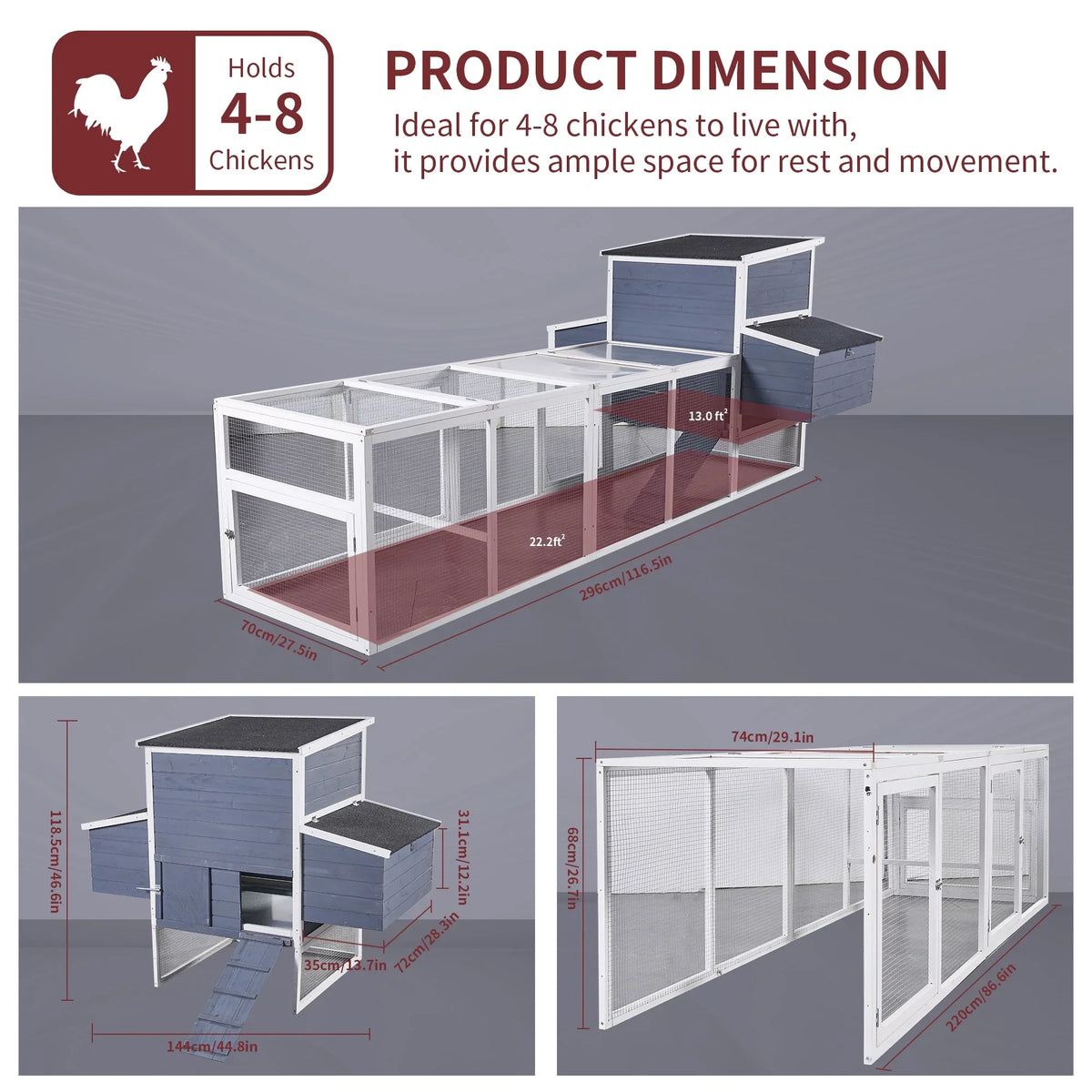 59" Large Chicken Coop for 2-6 Chickens, Wooden Hen House with 4 Nesting Boxes, Outdoor Poultry Cage Rabbit Cage w/Ramps & Ventilation Window, 59''L*33.5''W*38.6''H