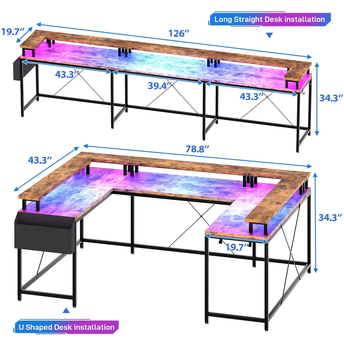 Yesfashion U Shaped Computer Gaming Desk, Reversible L Shaped Desk with Power Outlets, LED Strip & Monitor Stand, Large Corner Desk with Storage Shelves