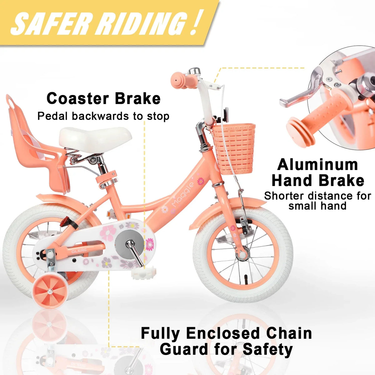 Glerc Maggie 12 inch Kids Girls Bike for Ages 2-4 Years Child, Peach
