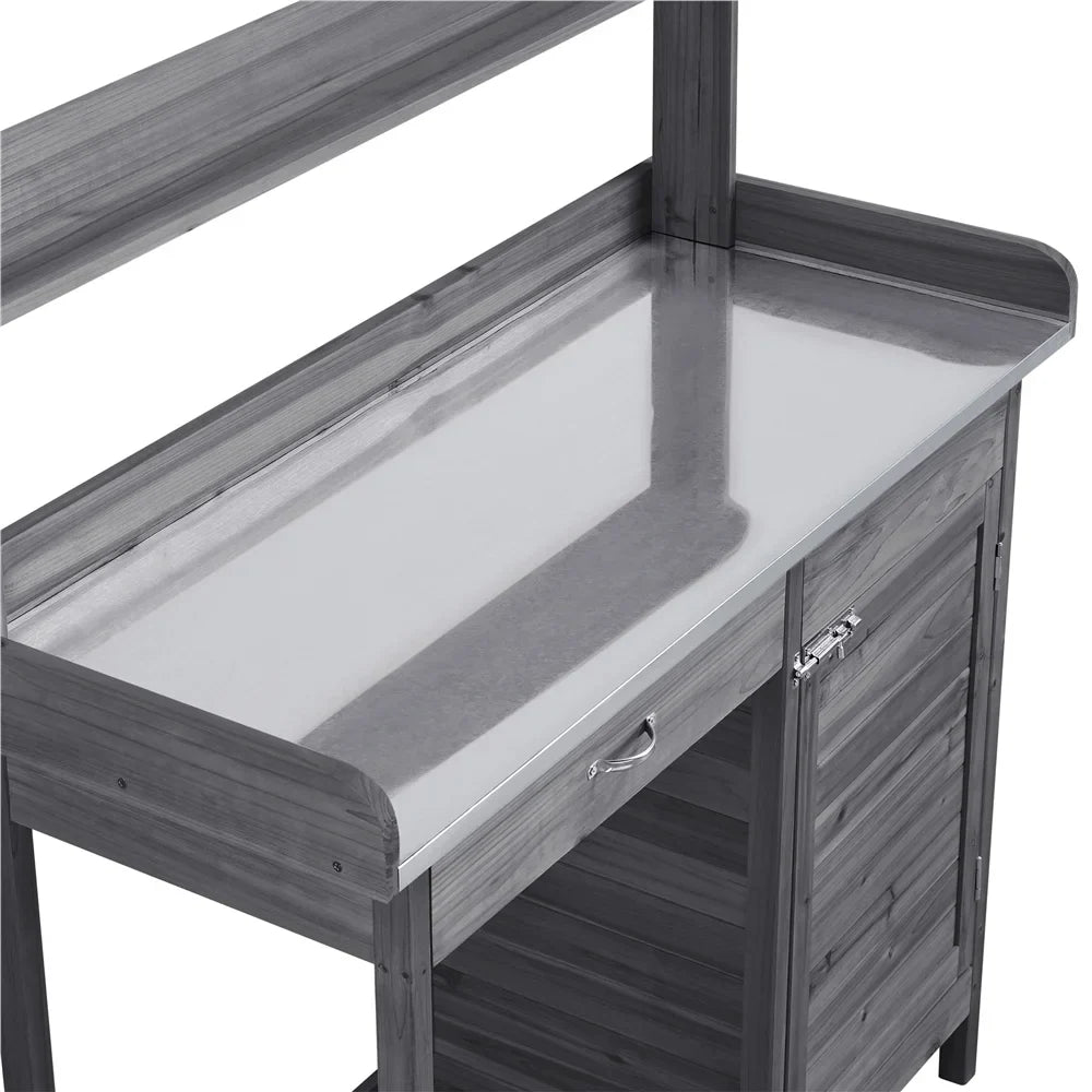 Renwick Outdoor Garden Potting Bench W/Cabinet Drawer Open Shelf, Gray