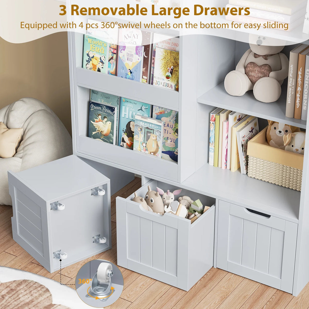 Homfa 6 Cube Toy Storage, Cube Organizer with Sliding Rack, 3 Drawer Kids Bookcase and Bookshelf, White