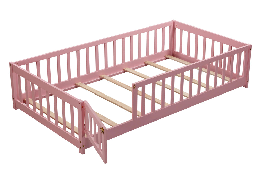 Bellemave Twin Size Floor Beds, Wood Montessori Bed with Fence Railings & Support Slats, No Box Spring Needed (Gray"